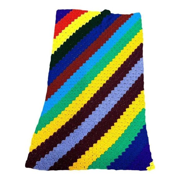Vintage Chair Afghan Handmade Crochet Blanket 48X28 Diagonal Rainbow Stripe - Picture 2 of 3